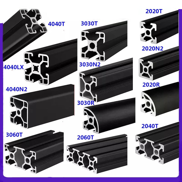 Black Modular Aluminum Profile System – Available in 20x20, 20x20N2, 20x20R, 20x40, 20x60, 30x30, 30x30N2