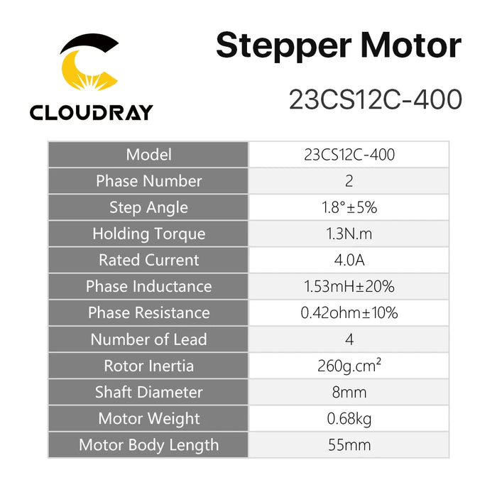 Cloudray Nema 23 Stepper Motor – 1.3N.m, 4.0A, 55mm Length, 8mm Shaft