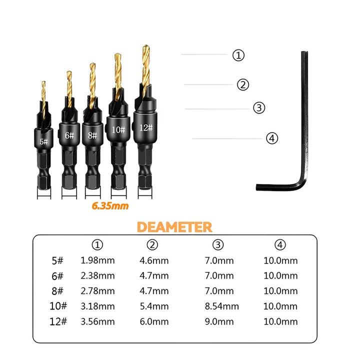 5-Piece Pilot Hole and Countersink Drill Bit Set