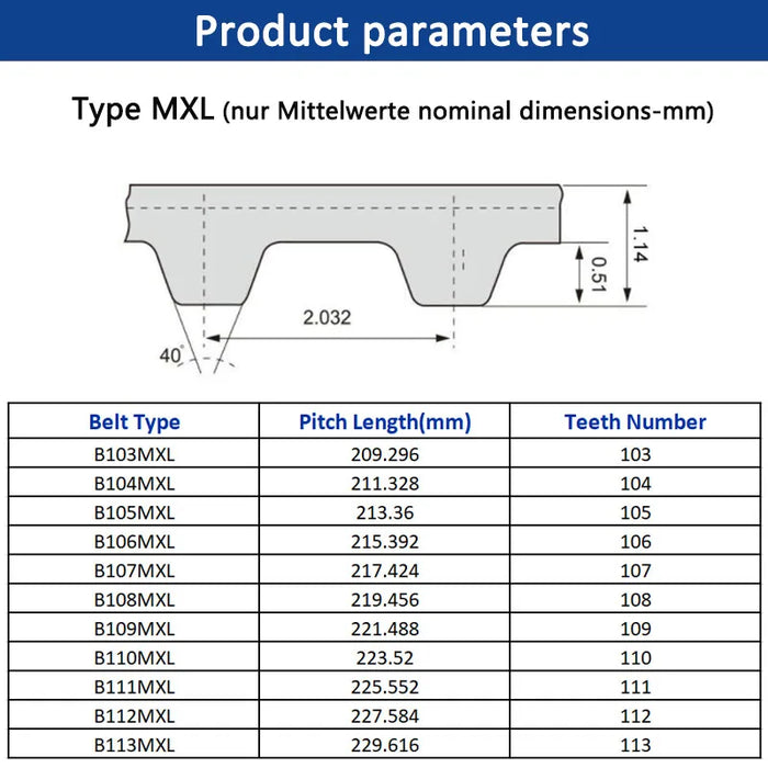 MXL Timing Belt - 6mm/10mm Rubber Closed Synchronous Belt, Pitch Length 209.3-229.62mm