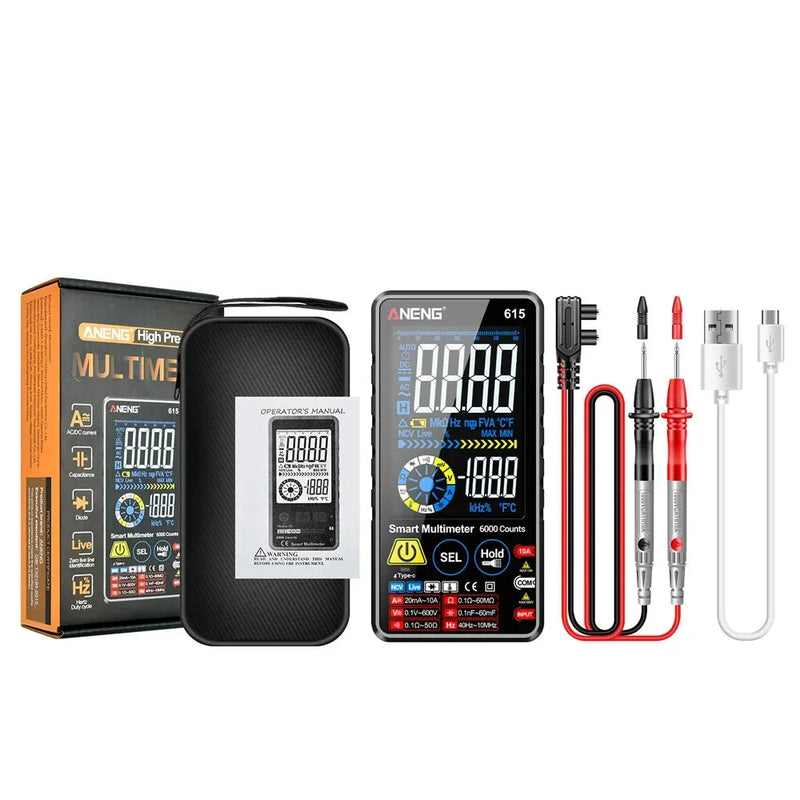 615 Rechargeable Smart Digital Multimeter – 6000 Counts Touch Screen, AC/DC 600V, 10A, NCV, Frequency to 60MHz, Resistance 60MΩ, Capacitance 60mF, Temperature, CAT III 600V