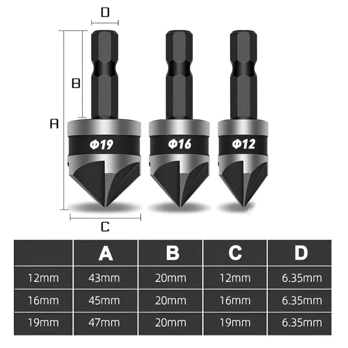 3PCS Countersink Drill Bit Hss Hex Chamfer Five Pears Hexagonal 90