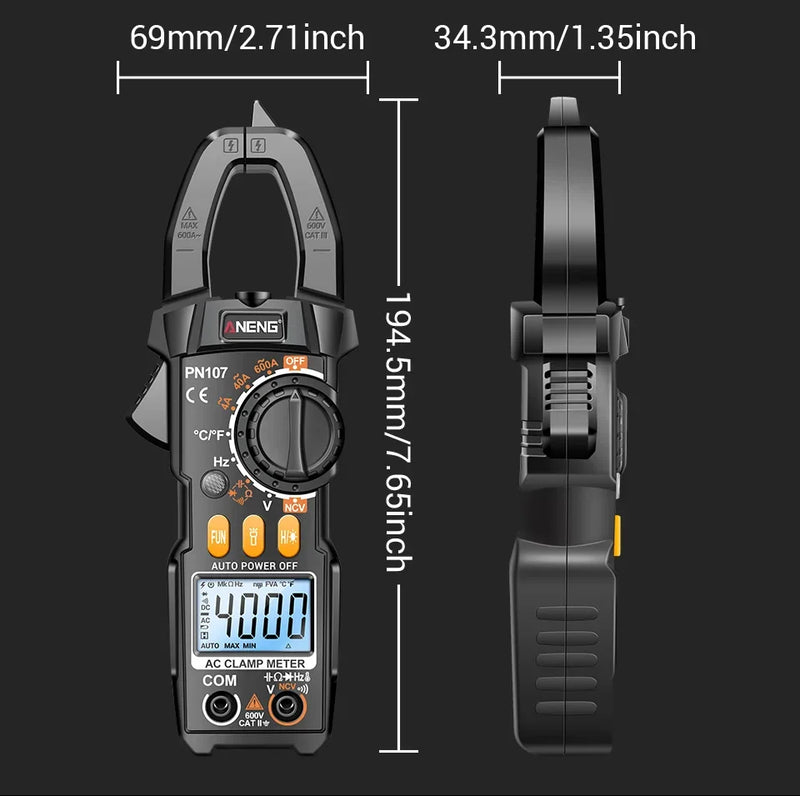 PN107 Digital Clamp Meter – 600A AC Current Clamp, AC/DC Voltage 600V, Resistance, Capacitance, Frequency, Temperature, NCV, Backlight & Flashlight