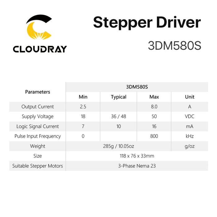 Cloudray 3DM580S 3 Phase Stepper Driver 24-50VDC for Nema 23 Stepping