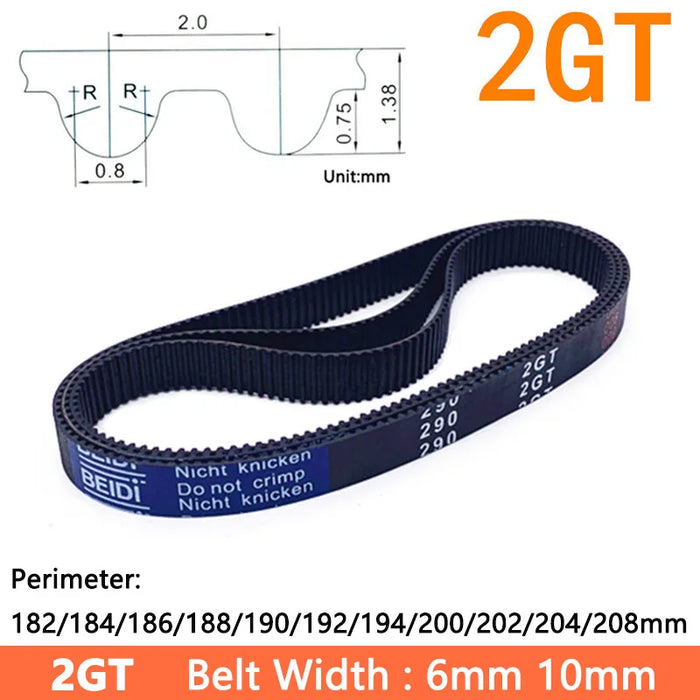 2GT GT2 Rubber Closed Loop Timing Belt – Perimeter 182mm to 208mm (7.17” to 8.19”)