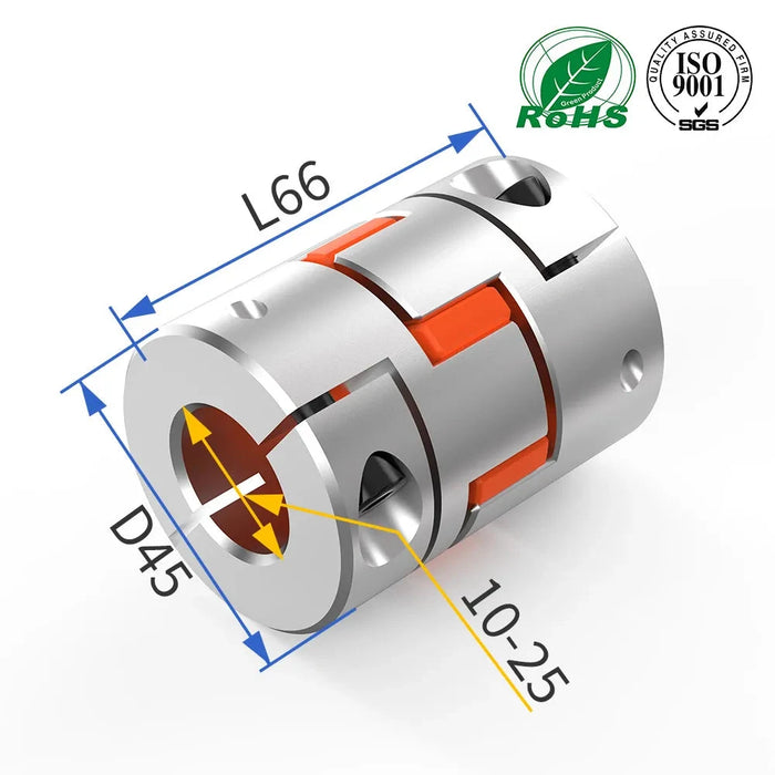 Aluminum Flexible Jaw Coupler D45L66 Plum Spider Shaft Coupling (10x10 to 25x25mm Inner Diameter)