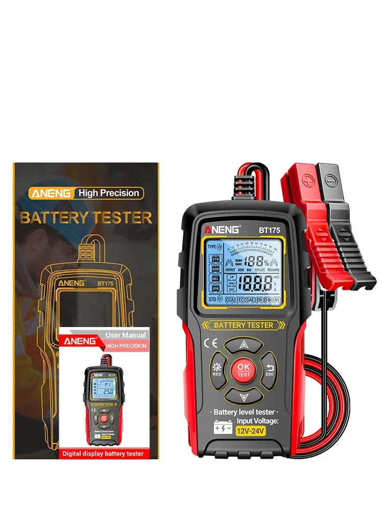 BT175 Car Battery Tester – 12V/24V Lead-Acid Battery Analyzer (8–36V) with CCA, Internal Resistance, SOC/SOH, Alternator/Charging Check, Insulated Alligator Clips