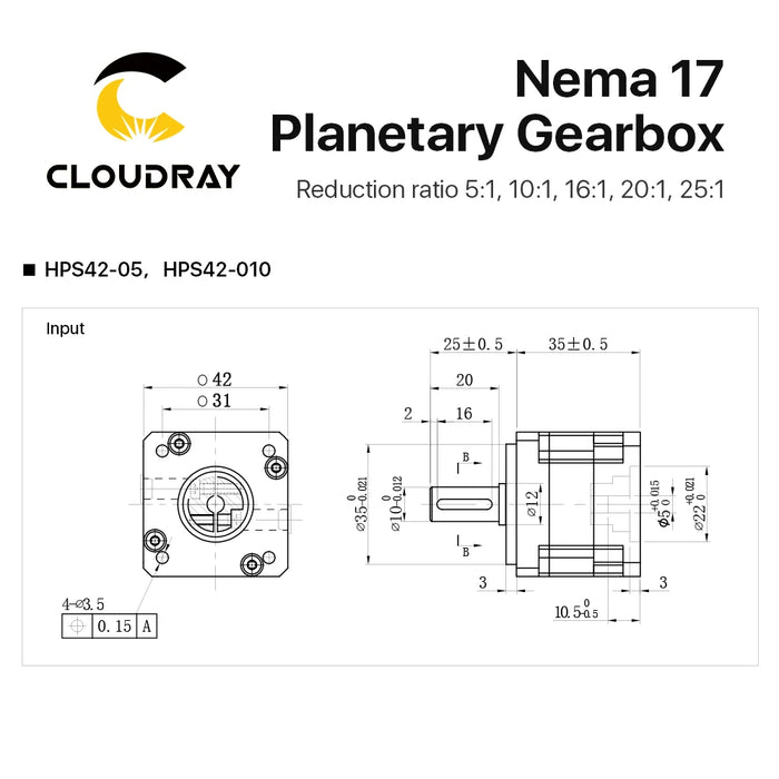 Cloudray Nema 17 Planetary Gearbox - Speed Reducer with Ratios 5:1, 10:1, 16:1, 20:1, 25:1