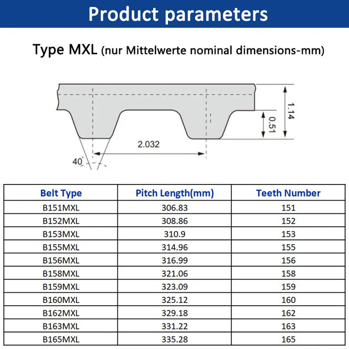 MXL Timing Belt - 6mm/10mm Rubber Closed Synchronous Belt, Pitch Length 306.83mm to 335.28mm