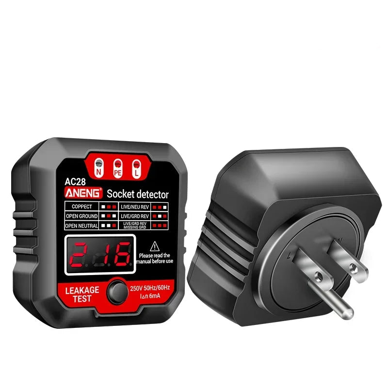 AC27 / AC28 Digital Socket Tester – Polarity Detector, Voltage Test, RCD 30mA Test, Circuit Breaker Finder Support (EU/US Plug)
