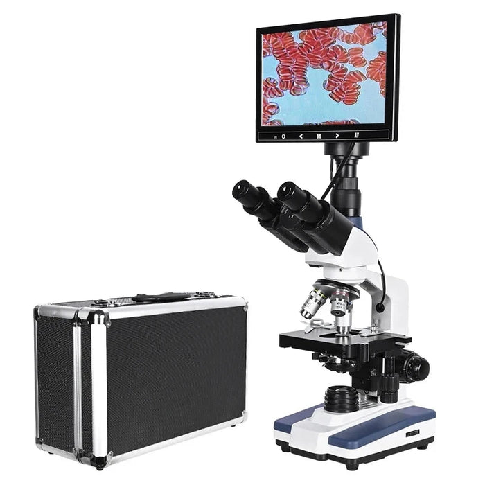 Professional 5MP Digital Trinocular HD Biological Lab Microscope – USB LED with Electronic Eyepiece &amp; 7-Inch LCD + Metal Box