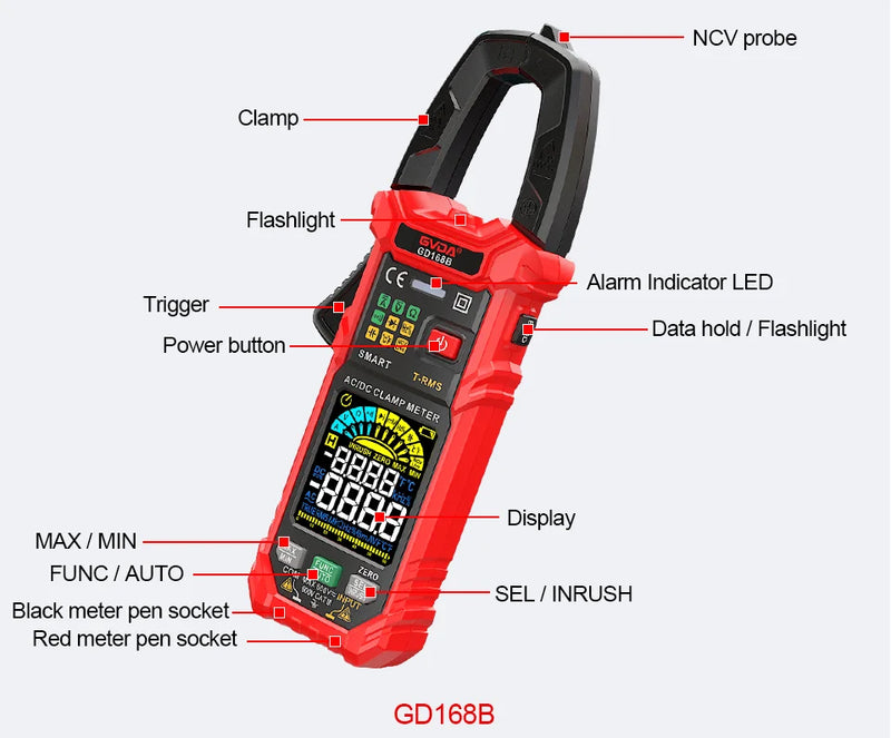GD166B Clamp Meter – 6000 Counts True RMS, AC/DC Current 60A/600A, AC Inrush, AC/DC Voltage 600V, NCV, Frequency, Capacitance, Temperature, Live Wire
