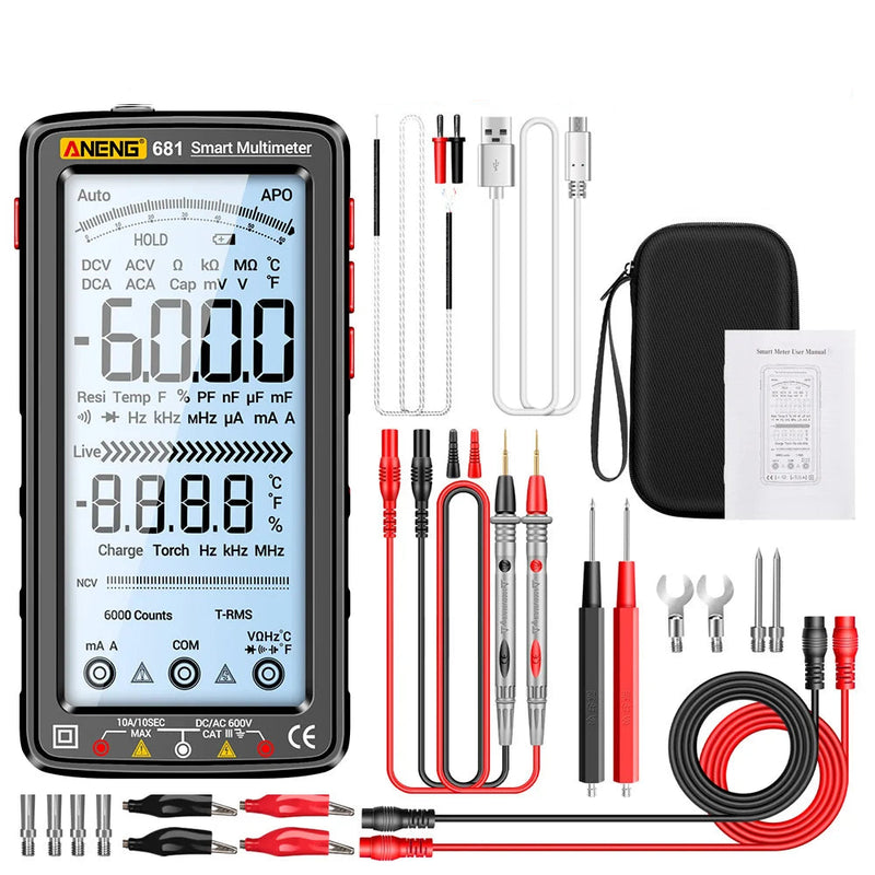 681 Rechargeable Digital Multimeter – 6000 Counts True RMS Auto Scan, AC 750V / DC 1000V, 10A, NCV, Frequency, Capacitance 100mF, Temperature, Backlit LCD + Analog Bar