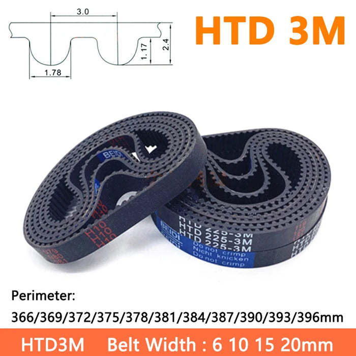 HTD3M Timing Belt - Widths 6mm, 10mm, 15mm, 20mm, Perimeter 366-396mm