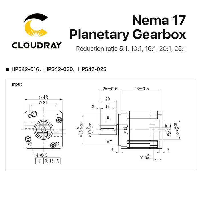 Cloudray Nema 17 Planetary Gearbox - Speed Reducer with Ratios 5:1, 10:1, 16:1, 20:1, 25:1