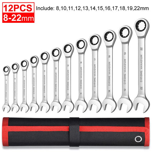 Metric Ratcheting Wrench Set – Combination Ring Ended Gear Spanner Kit with Rolling Pouch, CR-V Full Polished
