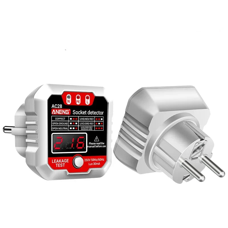 AC27 / AC28 Digital Socket Tester – Polarity Detector, Voltage Test, RCD 30mA Test, Circuit Breaker Finder Support (EU/US Plug)