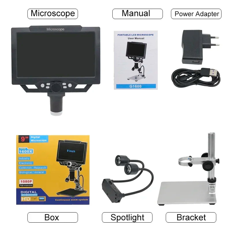 1-1600X Digital Microscope with 9-Inch HD Display for Soldering Repair – LED Dual Light Source Illumination