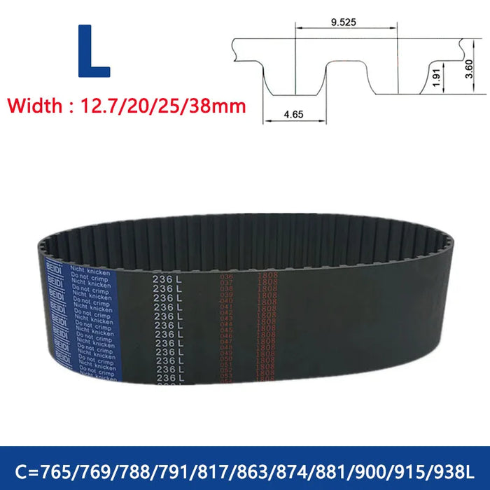 L Timing Belt - 765L to 938L - Rubber Closed Loop Synchronous Belt