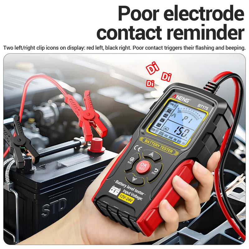 BT175 Car Battery Tester – 12V/24V Lead-Acid Battery Analyzer (8–36V) with CCA, Internal Resistance, SOC/SOH, Alternator/Charging Check, Insulated Alligator Clips
