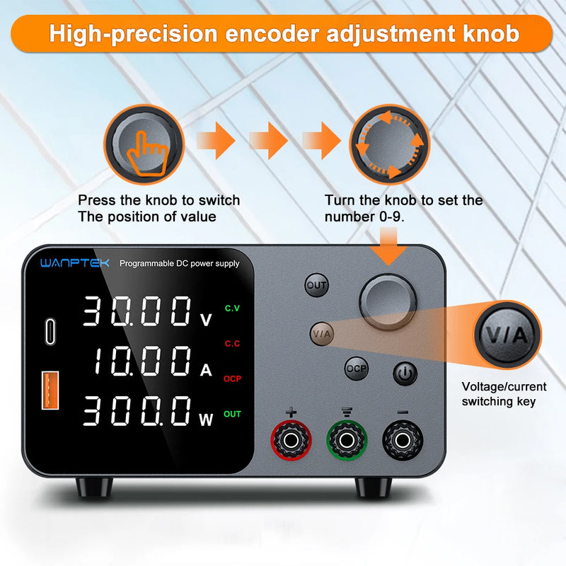 TPS Adjustable DC Bench Power Supply 30V–160V with USB-A & USB-C Digital Display Voltage Regulator