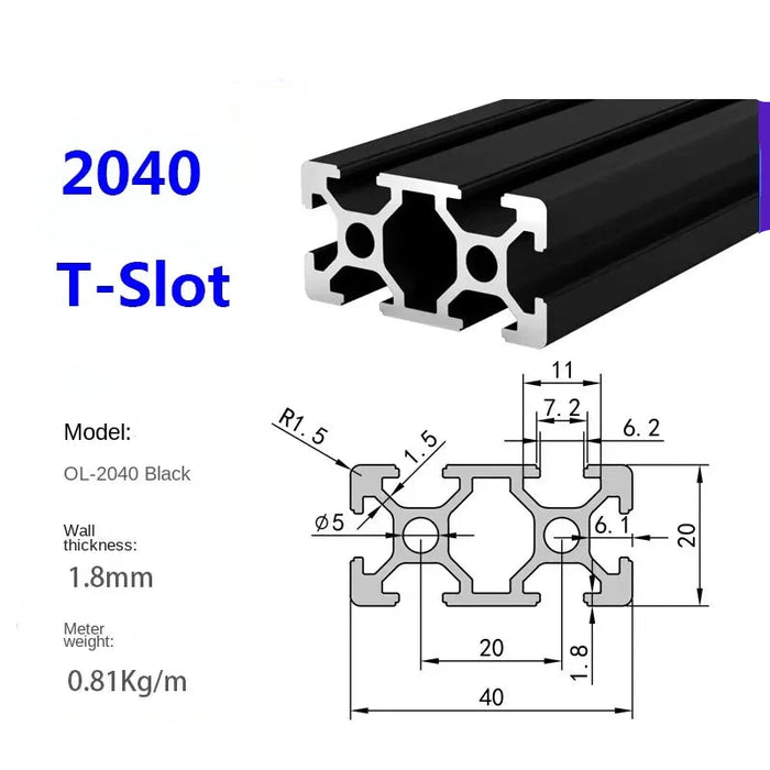 2040 Schwarzes T-Nut-Aluminiumprofil nach europäischem Standard