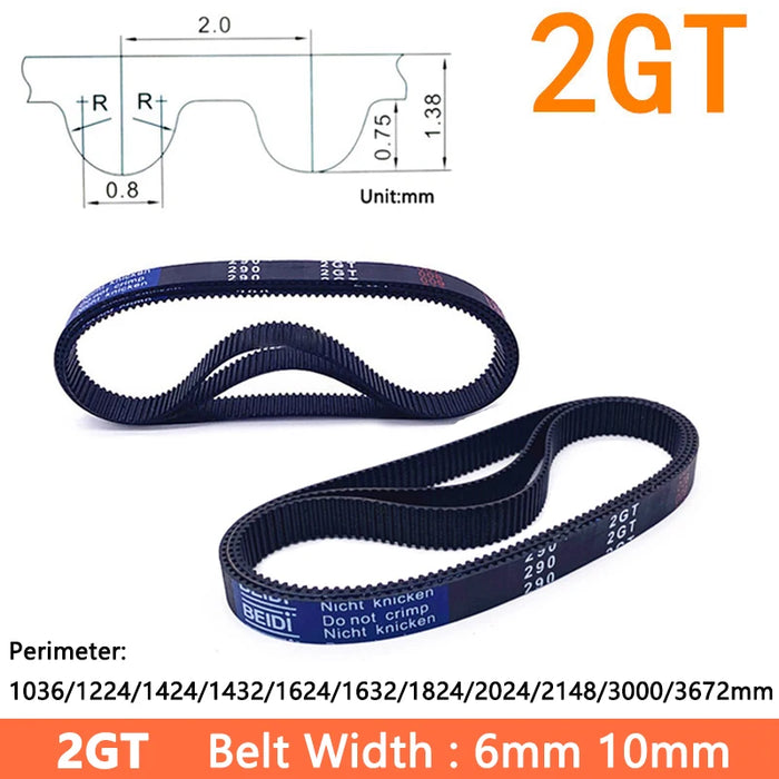 2GT GT2 Rubber Closed Loop Timing Belt – Perimeter 1036mm to 3672mm (40.79” to 144.57”)