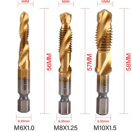 1/6 PCS Tap Drill Bit Set - Hex Shank Titanium Plated HSS Screw Thread Metric Taps