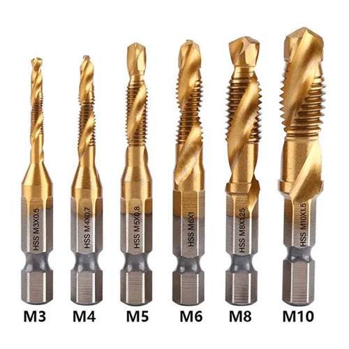 1/6 PCS Tap Drill Bit Set - Hex Shank Titanium Plated HSS Screw Thread Metric Taps