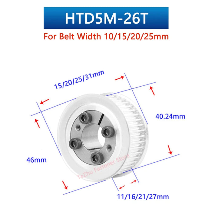 HTD5M 26 Teeth Timing Pulley – Keyless Bushing Bore 5, 6, 6.35, 8, 9, 10, 11, 12, 14, 15mm