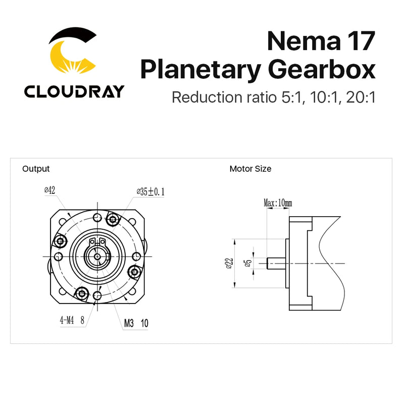 Reductor de velocidad del motor de caja de cambios planetaria Cloudray Nema17 con relación 5:1, 