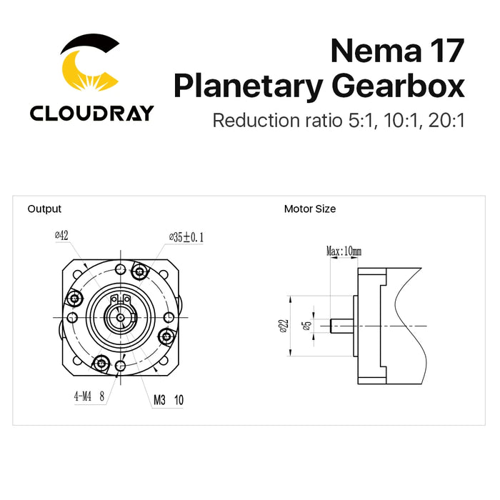 Cloudray Nema 17 Planetary Gearbox - Speed Reducer with Ratios 5:1, 10:1, 20:1