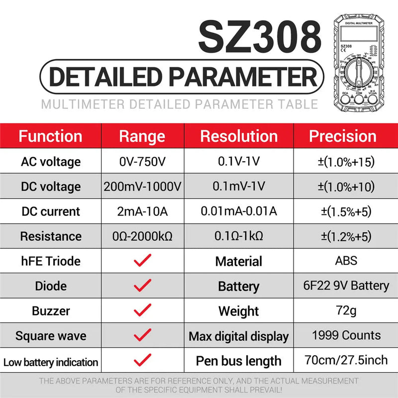SZ308 Digital Multimeter – AC/DC Voltage & Current Meter, Resistance, Diode, hFE, Square Wave, LCD Backlight