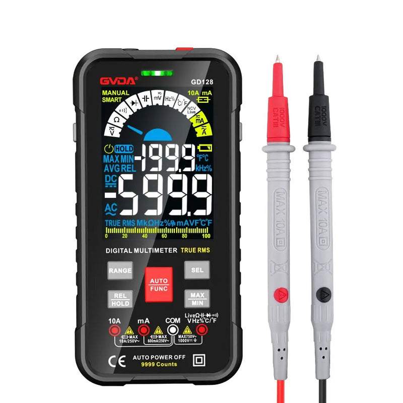 GD128 Smart Digital Multimeter – 9999 Counts True RMS Auto Range, AC 750V / DC 1000V, 9.99A, NCV/Live Test, Capacitance, Frequency, Duty, REL, MAX/MIN/AVG