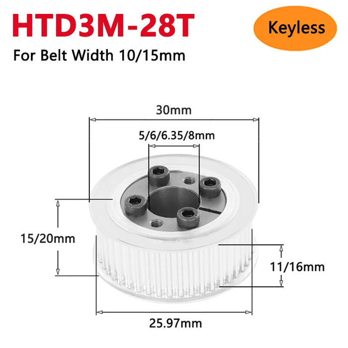 HTD3M 28 Teeth Keyless Timing Pulley 28T HTD-3M Expansion Sleeve