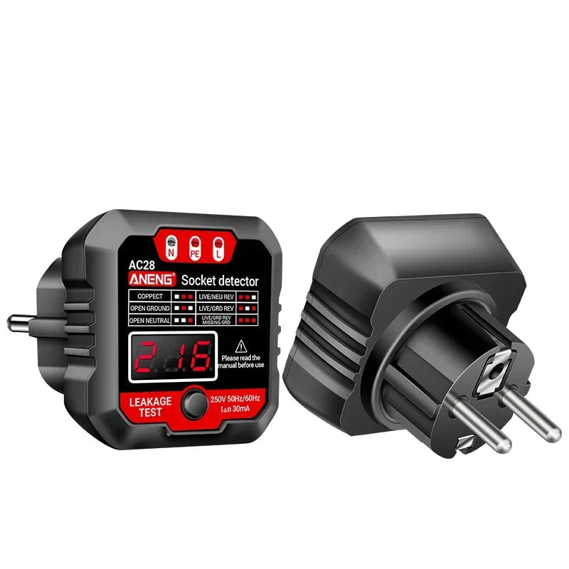 AC27 / AC28 Digital Socket Tester – Polarity Detector, Voltage Test, RCD 30mA Test, Circuit Breaker Finder Support (EU/US Plug)