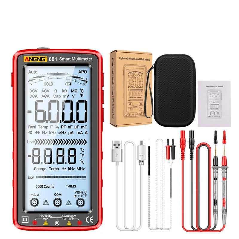 681 Rechargeable Digital Multimeter – 6000 Counts True RMS Auto Scan, AC 750V / DC 1000V, 10A, NCV, Frequency, Capacitance 100mF, Temperature, Backlit LCD + Analog Bar