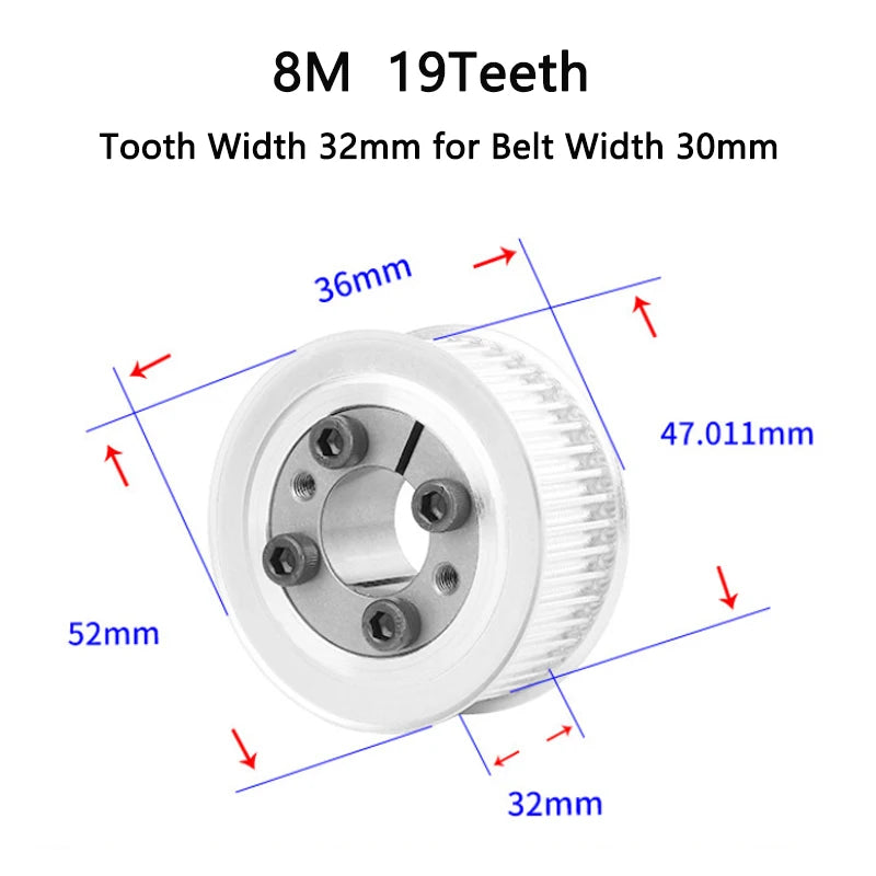 HTD 8M 19T Timing Pulley 8/9/10/11/12/14/15mm Bore Keyless Bushing 19