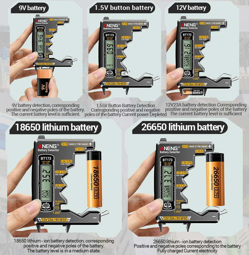 BT173 Universal Battery Tester – AA AAA C D N 9V and Button Cell Battery Meter with LCD Level Display