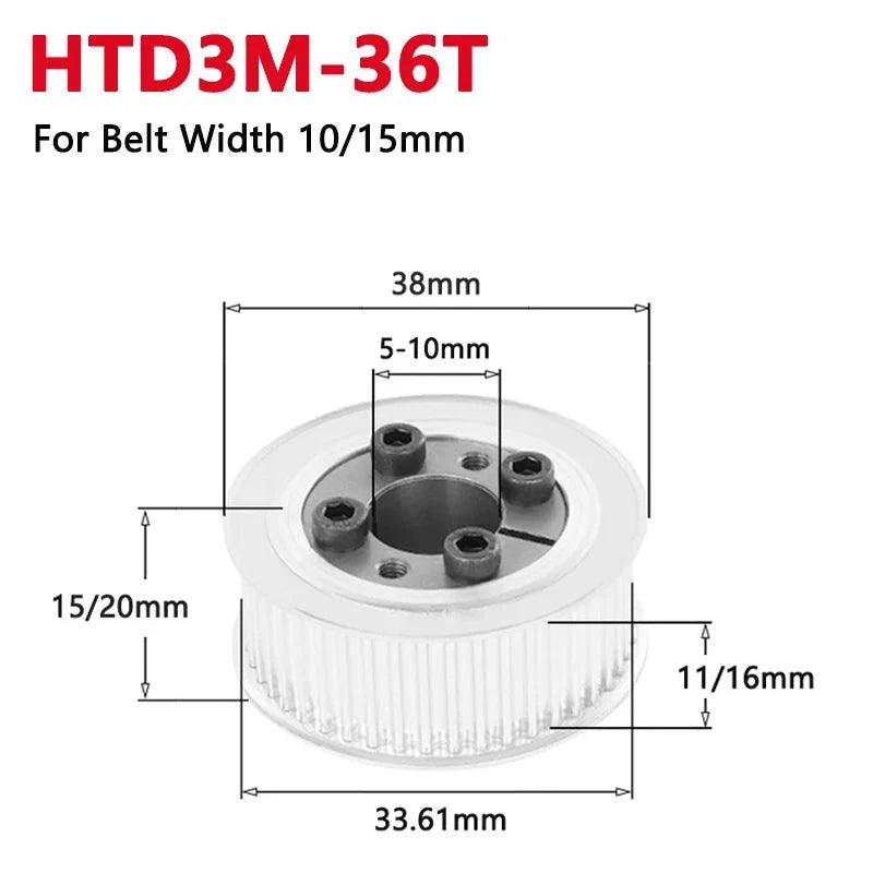 HTD3M 36 Teeth Keyless Timing Pulley 36T HTD-3M Expansion Sleeve