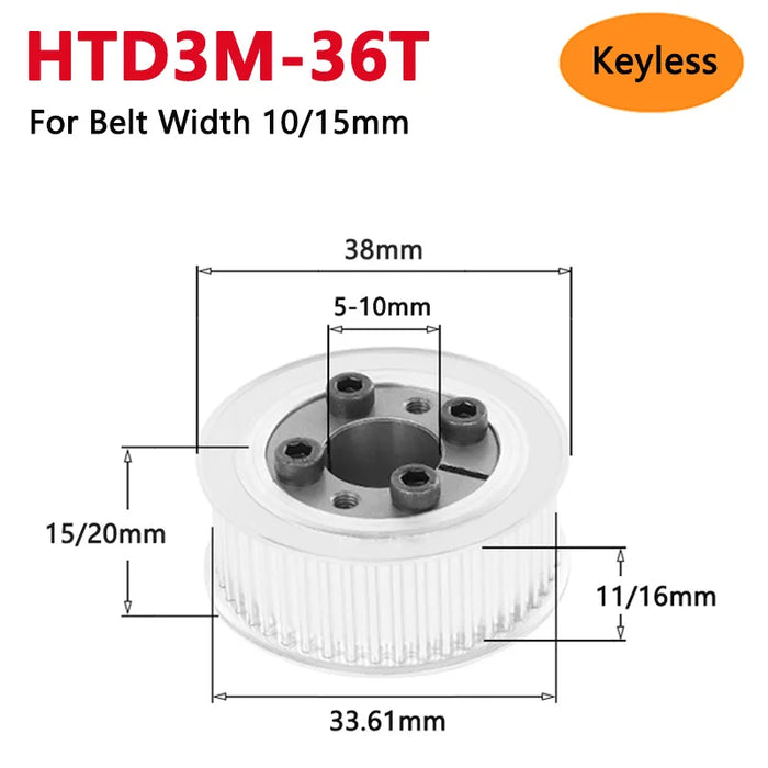 HTD3M 36 Teeth Keyless Timing Pulley 36T HTD-3M Expansion Sleeve