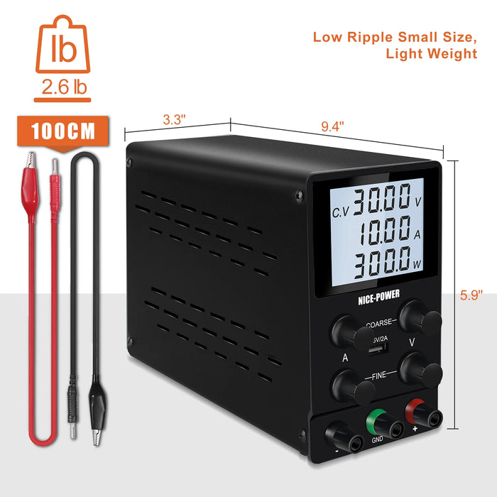 USB DC Regulated Lab Power Supply, Adjustable 30V 10A to 120V 3A