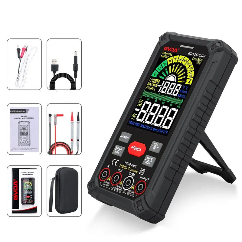 GD128PLUS Smart Rechargeable Digital Multimeter – 9999 Counts True RMS, Color LCD, Auto Range, DC 999.9V / AC 750V, 9.999A, NCV, Frequency, Capacitance, Temp