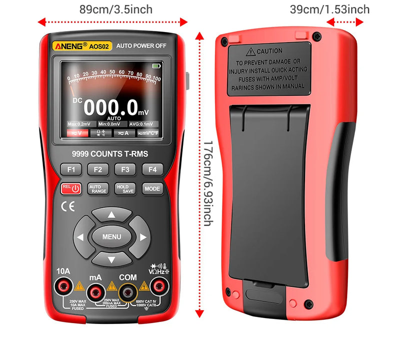 AOS02 Smart Oscilloscope Multimeter – 10MHz Handheld Scope + 9999-Count True RMS Multimeter, Waveform Storage, 48MSa/s, USB Export