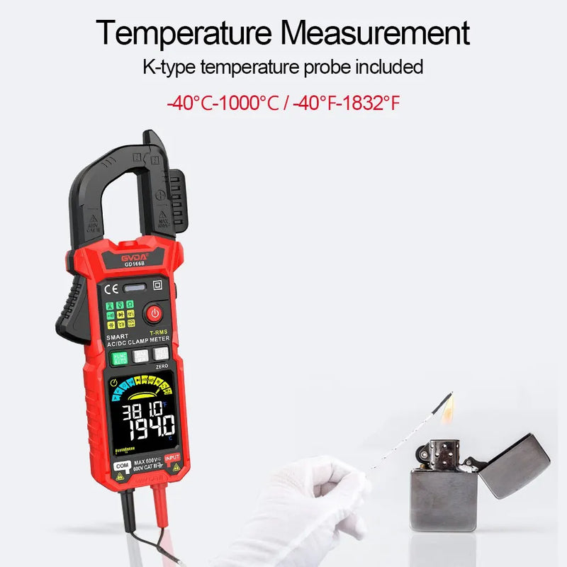 GD166B Clamp Meter – 6000 Counts True RMS, AC/DC Current 60A/600A, AC Inrush, AC/DC Voltage 600V, NCV, Frequency, Capacitance, Temperature, Live Wire