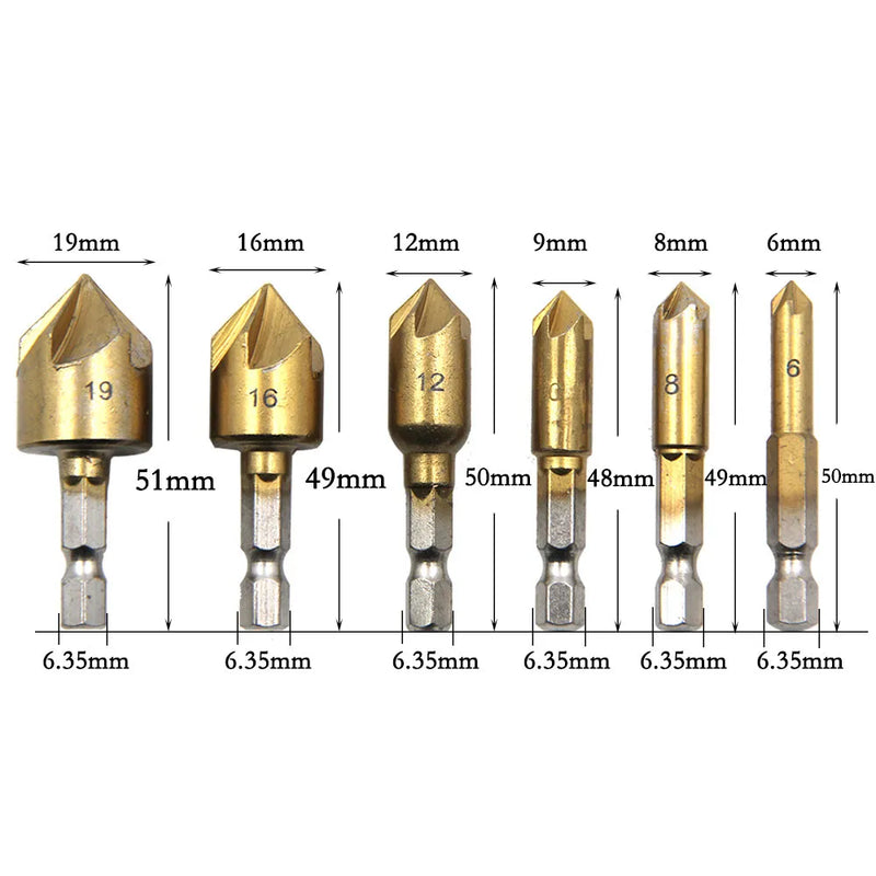6pcs Countersink Drill Bit Set 1/4'' Hex Shank HSS 5 Flute Countersink