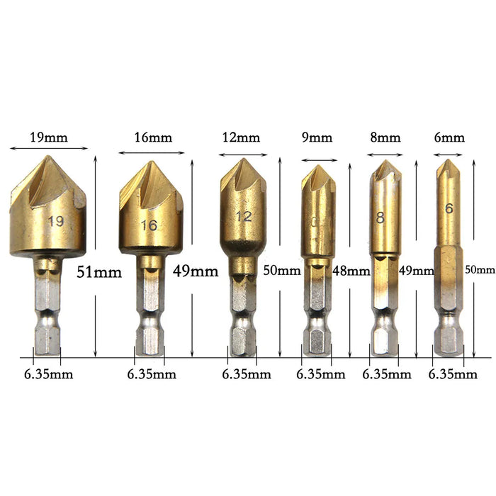 6pcs Countersink Drill Bit Set 1/4'' Hex Shank HSS 5 Flute Countersink