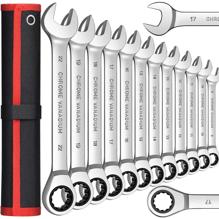 Ratcheting Combination Wrench Set,12 Point Box End and Open End Wrench