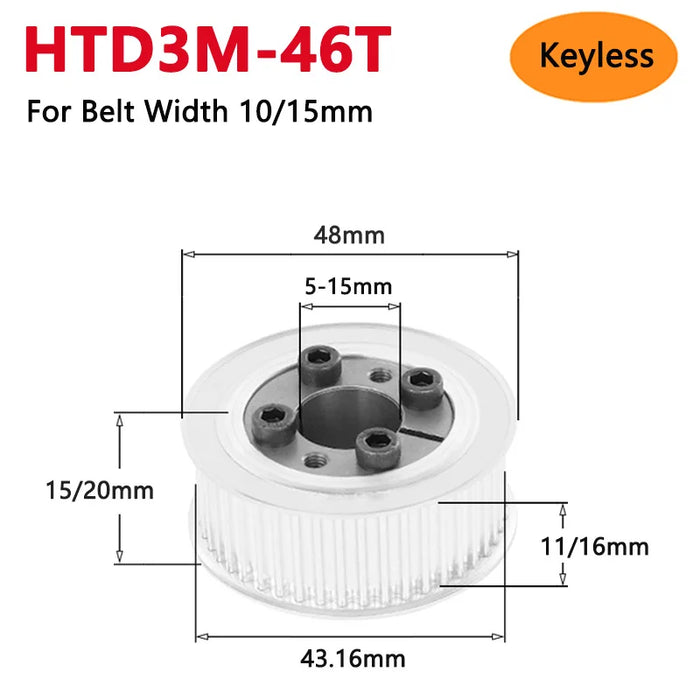 HTD3M 46 Teeth Keyless Timing Pulley 46T HTD-3M Expansion Sleeve