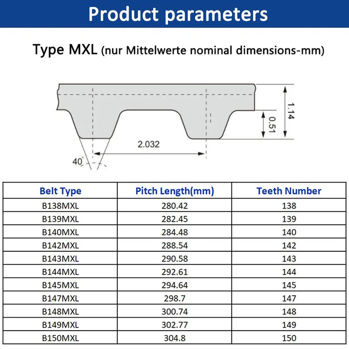 MXL Timing Belt - 6mm/10mm Rubber Closed Synchronous Belt, Pitch Length 280.42mm to 304.8mm